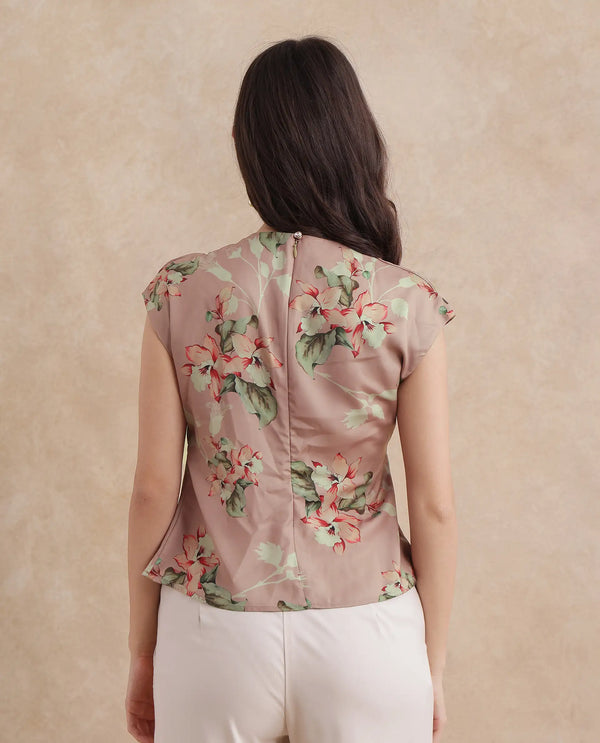 Rareism Women Geddly Multi Satin Extended Sleeves Cowl Neck Zipper Closure Floral Print Top