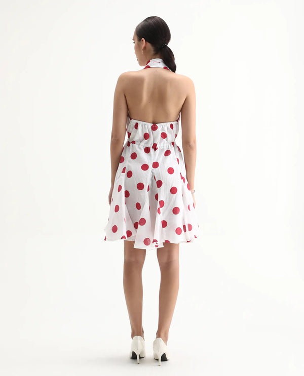 Rareism Women Gela Red Sleeveless Halter Neck Fit And Flare Mini Polka Print Dress