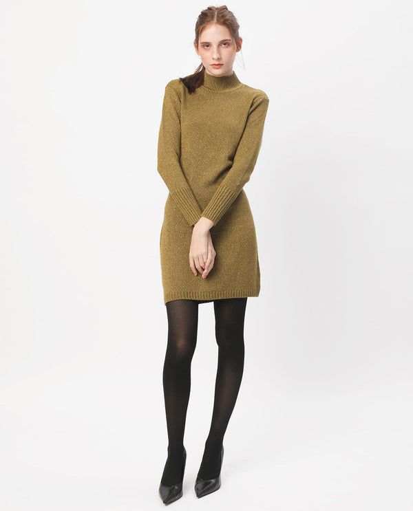 Rareism Women Nach Gold Acrylic Fabric Full Sleeves High Neck Regular Fit Plain Knee Length Sweater