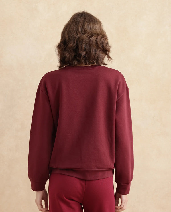 Rareism Women Geldia Maroon Cotton Blend Fabric Full Sleeve Crew Neck Relaxed Fit Graphic Print Sweatshirt