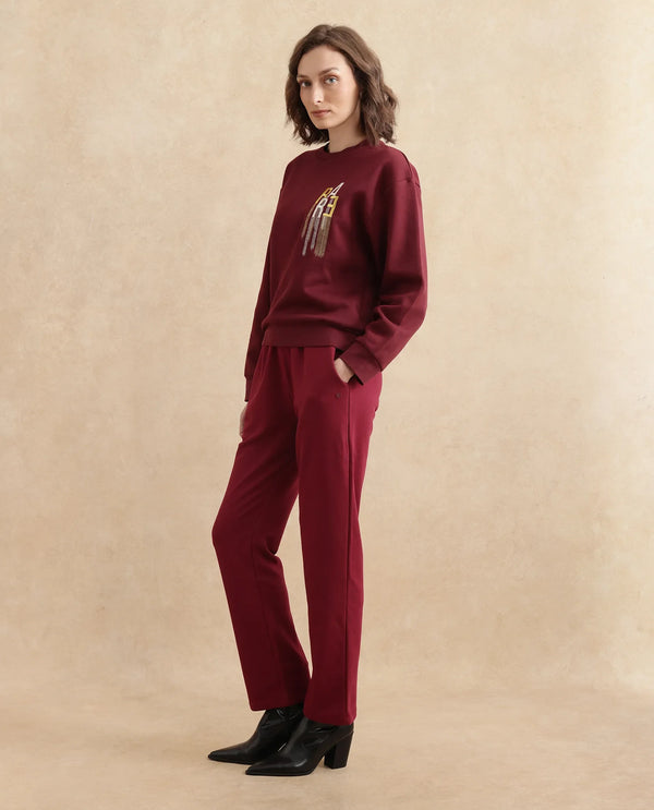 Rareism Women Geldia Maroon Cotton Blend Fabric Full Sleeve Crew Neck Relaxed Fit Graphic Print Sweatshirt