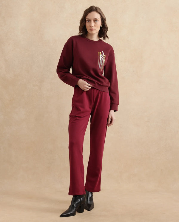 Rareism Women Geldia Maroon Cotton Blend Fabric Full Sleeve Crew Neck Relaxed Fit Graphic Print Sweatshirt