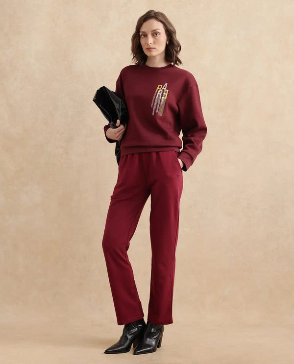 Rareism Women Geldia Maroon Cotton Blend Fabric Full Sleeve Crew Neck Relaxed Fit Graphic Print Sweatshirt
