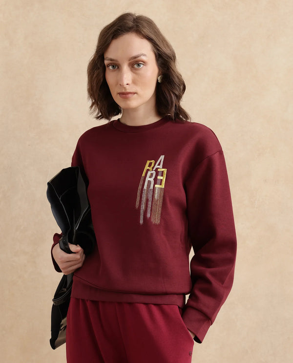 Rareism Women Geldia Maroon Cotton Blend Fabric Full Sleeve Crew Neck Relaxed Fit Graphic Print Sweatshirt