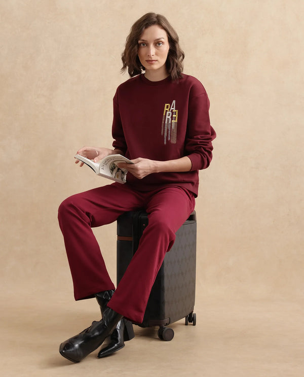 Rareism Women Geldia Maroon Cotton Blend Fabric Full Sleeve Crew Neck Relaxed Fit Graphic Print Sweatshirt