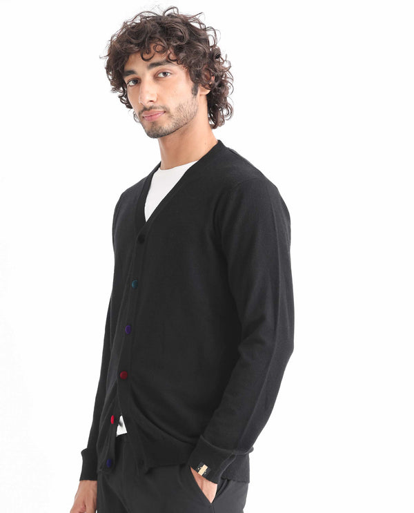 Rare Rabbit Men'S Gem Black Sweater Button Closure Solid Pattern