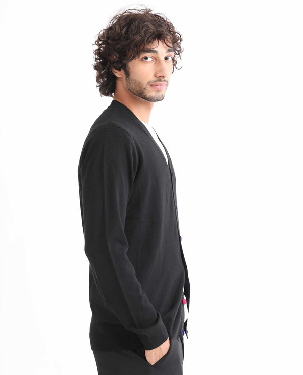 Rare Rabbit Men'S Gem Black Sweater Button Closure Solid Pattern