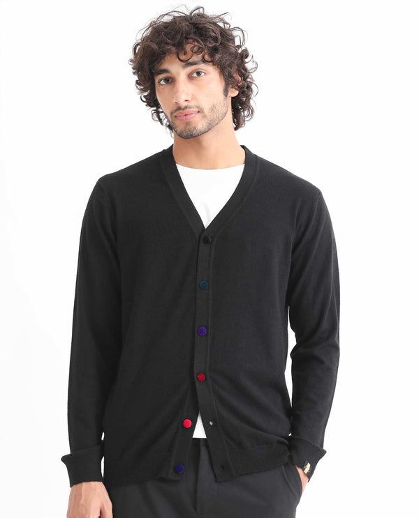 Rare Rabbit Men'S Gem Black Sweater Button Closure Solid Pattern