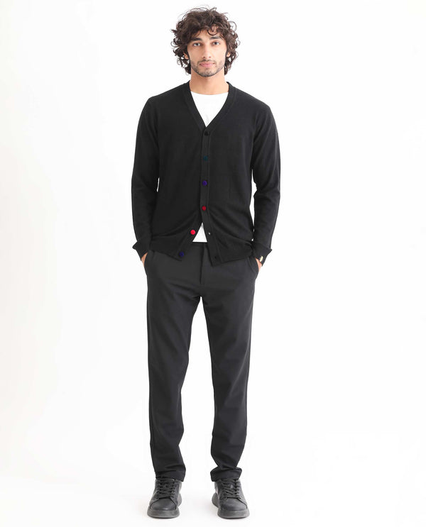 Rare Rabbit Men'S Gem Black Sweater Button Closure Solid Pattern