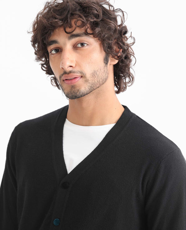 Rare Rabbit Men'S Gem Black Sweater Button Closure Solid Pattern