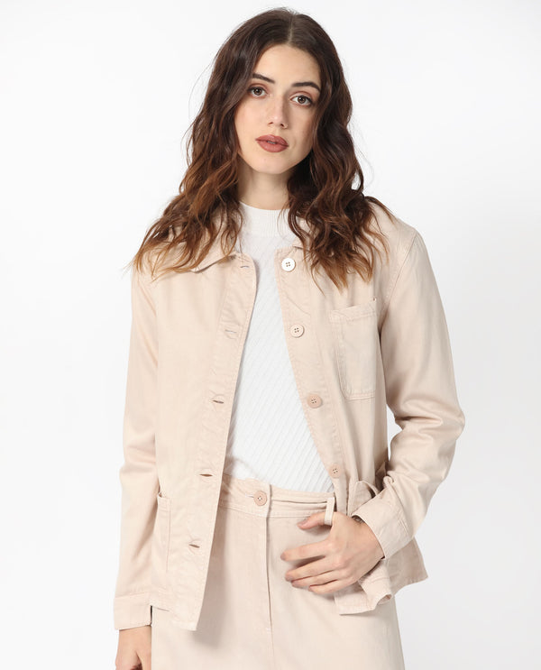 Rareism Women Genesis Beige Tencel Fabric Full Sleeves Solid Shirt Collar Jacket