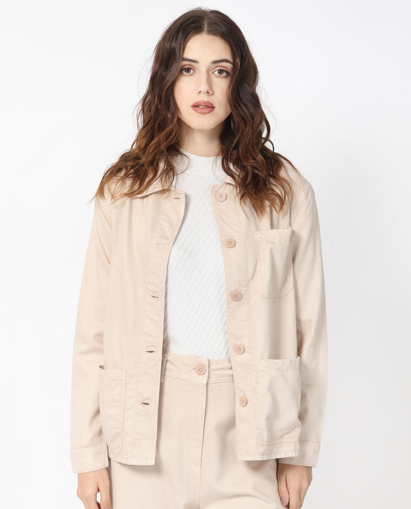 Rareism Women Genesis Beige Tencel Fabric Full Sleeves Solid Shirt Collar Jacket