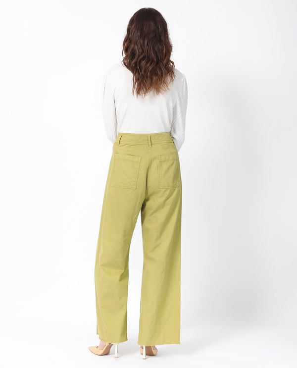 Rareism Women Genia Fluorescent Green Cotton Blend Fabric Button Closure Regular Fit Plain Ankle Length Wide Leg Trousers