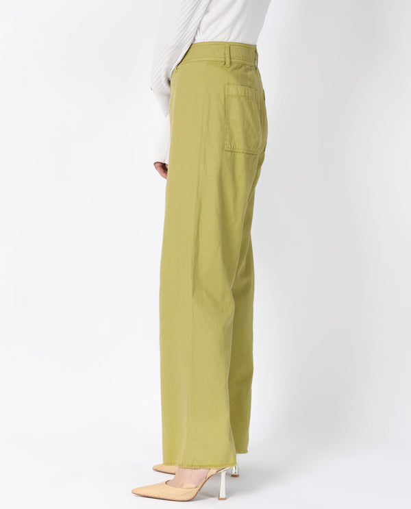 Rareism Women Genia Fluorescent Green Cotton Blend Fabric Button Closure Regular Fit Plain Ankle Length Wide Leg Trousers