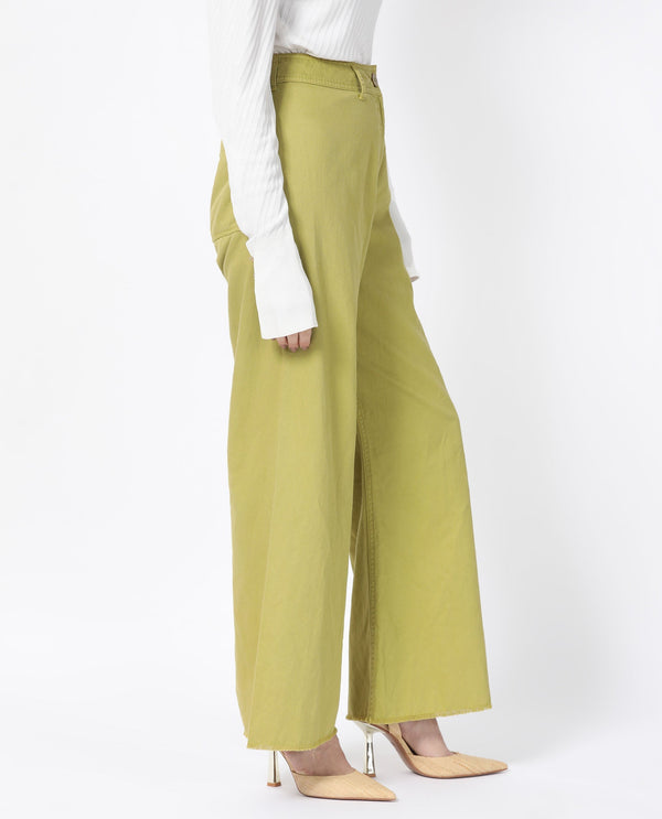 Rareism Women Genia Fluorescent Green Cotton Blend Fabric Button Closure Regular Fit Plain Ankle Length Wide Leg Trousers