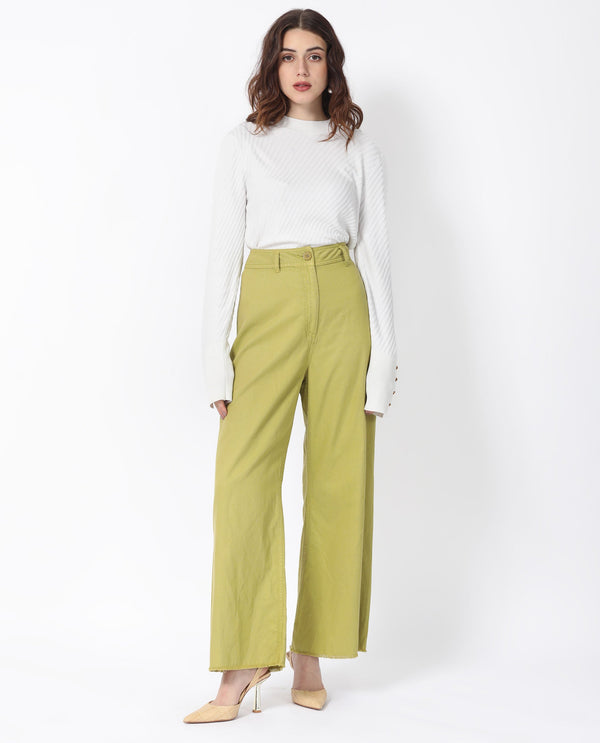 Rareism Women Genia Fluorescent Green Cotton Blend Fabric Button Closure Regular Fit Plain Ankle Length Wide Leg Trousers