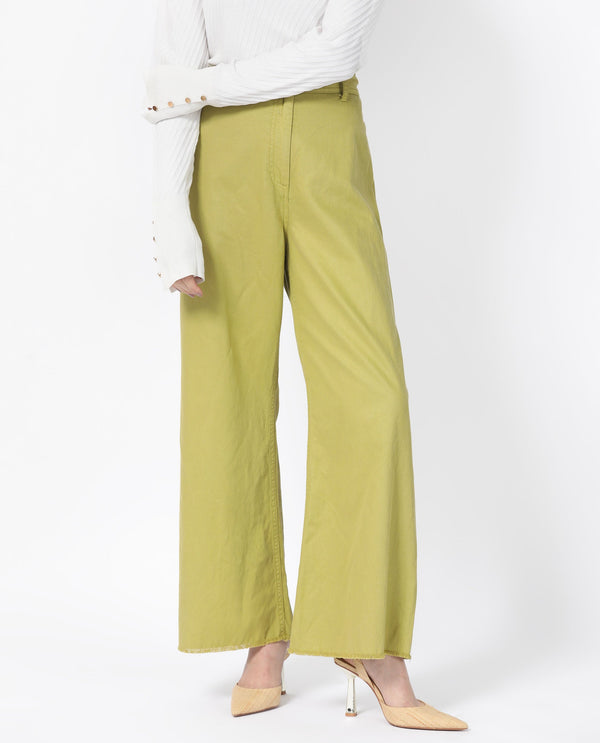 Rareism Women Genia Fluorescent Green Cotton Blend Fabric Button Closure Regular Fit Plain Ankle Length Wide Leg Trousers