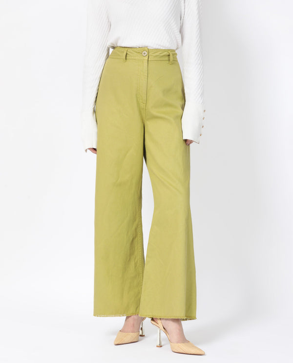Rareism Women Genia Fluorescent Green Cotton Blend Fabric Button Closure Regular Fit Plain Ankle Length Wide Leg Trousers