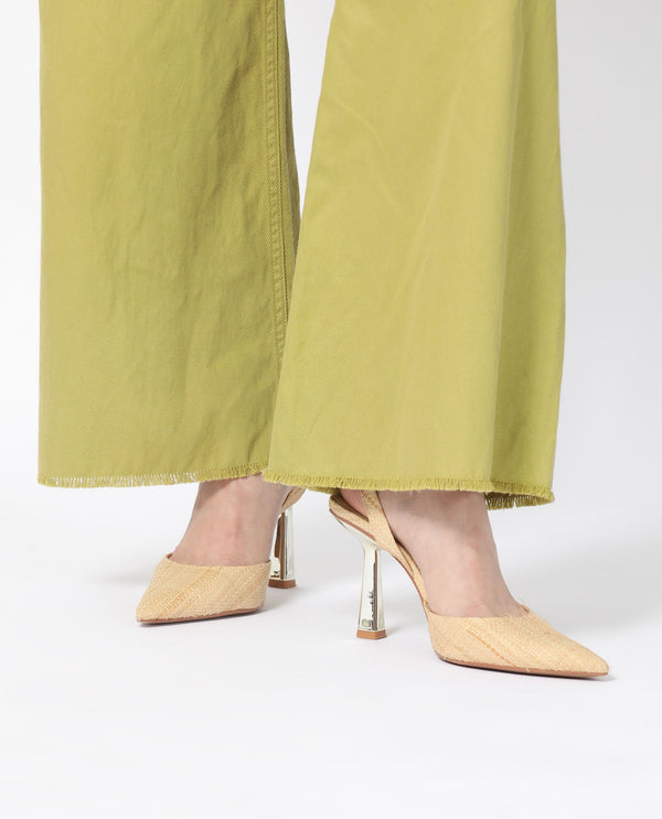 Rareism Women Genia Fluorescent Green Cotton Blend Fabric Button Closure Regular Fit Plain Ankle Length Wide Leg Trousers