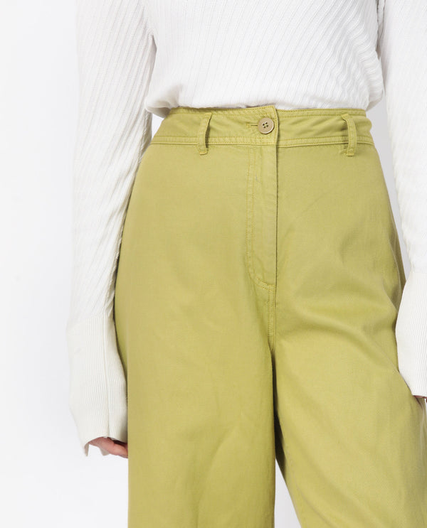 Rareism Women Genia Fluorescent Green Cotton Blend Fabric Button Closure Regular Fit Plain Ankle Length Wide Leg Trousers