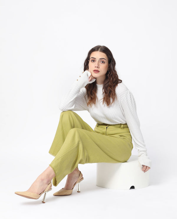 Rareism Women Genia Fluorescent Green Cotton Blend Fabric Button Closure Regular Fit Plain Ankle Length Wide Leg Trousers