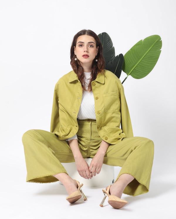 Rareism Women Genia Fluorescent Green Cotton Blend Fabric Button Closure Regular Fit Plain Ankle Length Wide Leg Trousers