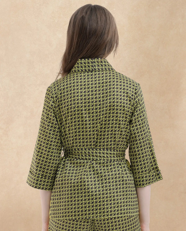 Rareism Women Geomo-T Yellow Cotton Fabric Full Sleeves Regular Fit Geometric Print Shrug