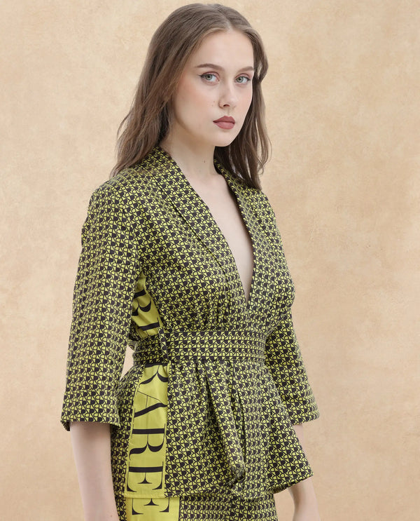 Rareism Women Geomo-T Yellow Cotton Fabric Full Sleeves Regular Fit Geometric Print Shrug