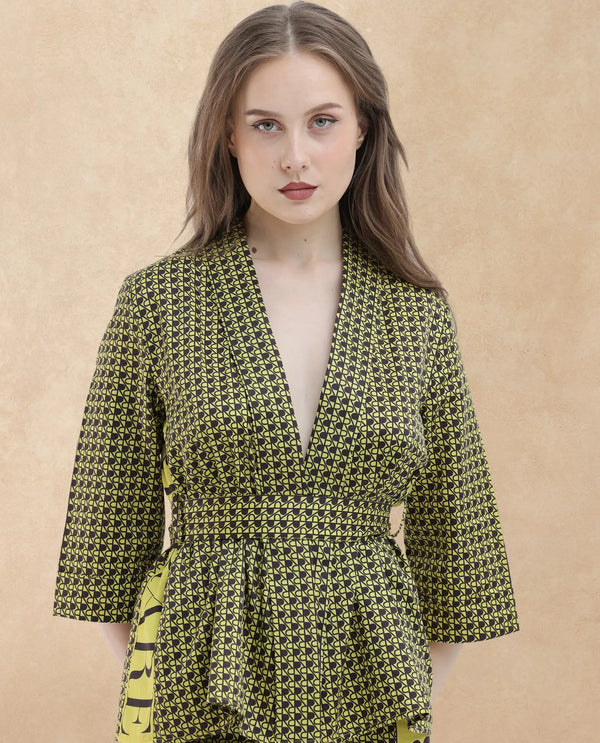 Rareism Women Geomo-T Yellow Cotton Fabric Full Sleeves Regular Fit Geometric Print Shrug