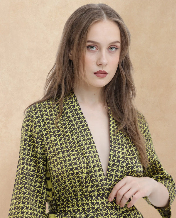 Rareism Women Geomo-T Yellow Cotton Fabric Full Sleeves Regular Fit Geometric Print Shrug