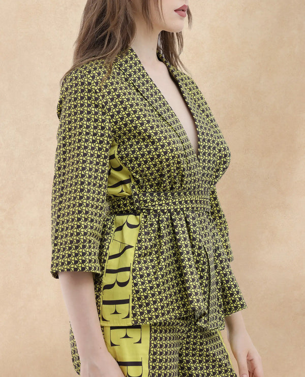 Rareism Women Geomo-T Yellow Cotton Fabric Full Sleeves Regular Fit Geometric Print Shrug