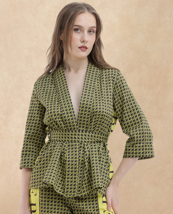 Rareism Women Geomo-T Yellow Cotton Fabric Full Sleeves Regular Fit Geometric Print Shrug