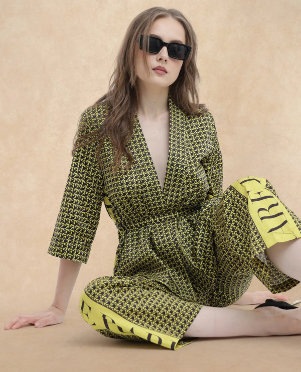 Rareism Women Geomo-T Yellow Cotton Fabric Full Sleeves Regular Fit Geometric Print Shrug