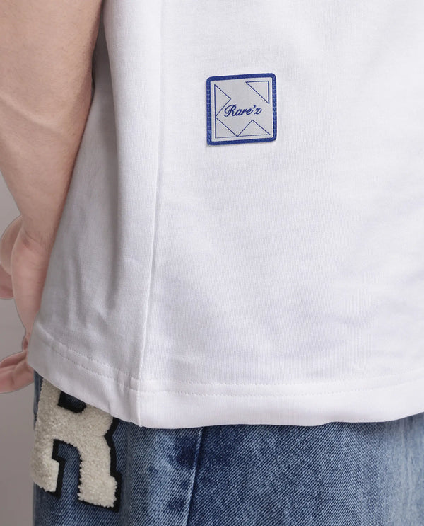 Rare Rabbit Men Geon White Cotton Fabric Short Sleeve Crew Neck Slip-On Oversized Fit Graphic Print T-Shirt