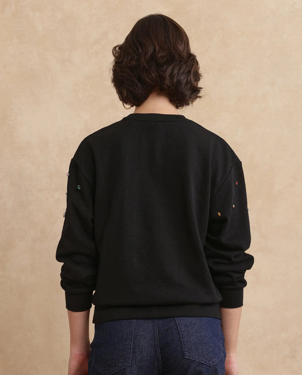 Rareism Women Gera Black Cotton Blend Fabric Full Sleeve Crew Neck Relaxed Fit Plain Sweatshirt