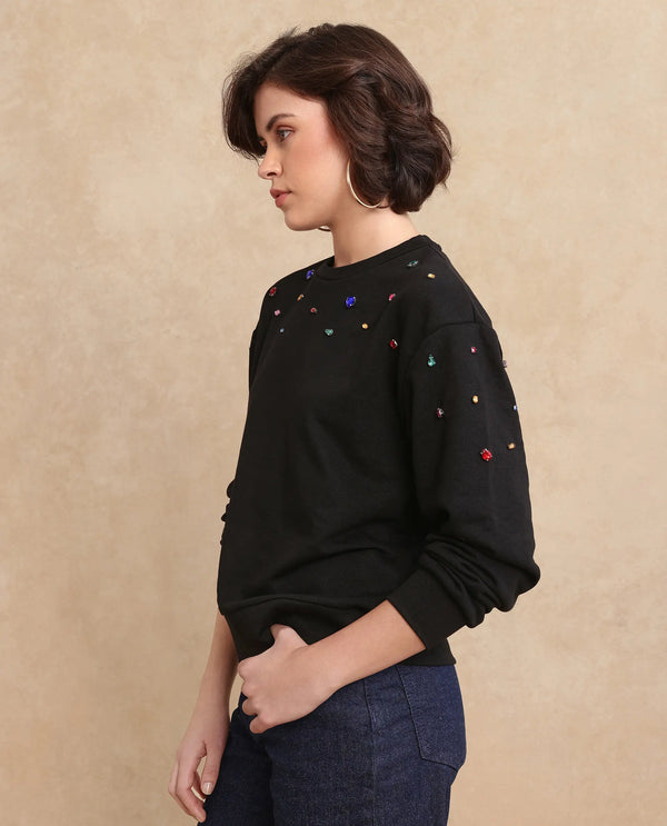 Rareism Women Gera Black Cotton Blend Fabric Full Sleeve Crew Neck Relaxed Fit Plain Sweatshirt