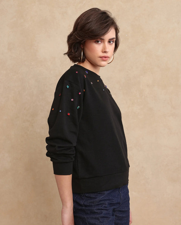 Rareism Women Gera Black Cotton Blend Fabric Full Sleeve Crew Neck Relaxed Fit Plain Sweatshirt