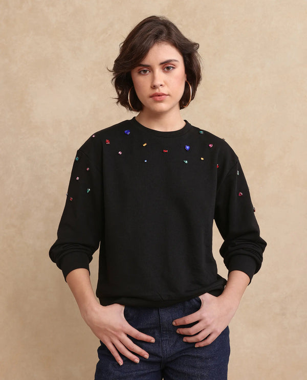 Rareism Women Gera Black Cotton Blend Fabric Full Sleeve Crew Neck Relaxed Fit Plain Sweatshirt