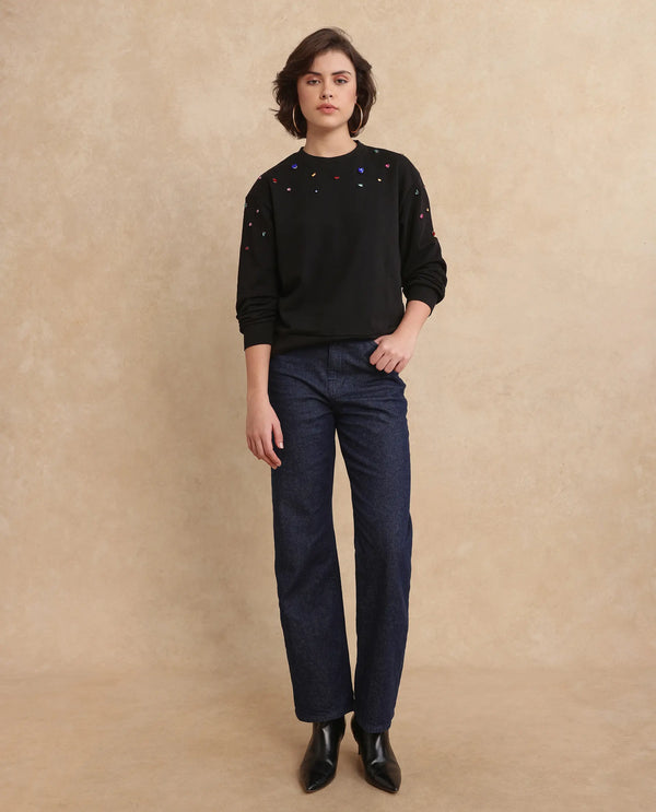Rareism Women Gera Black Cotton Blend Fabric Full Sleeve Crew Neck Relaxed Fit Plain Sweatshirt
