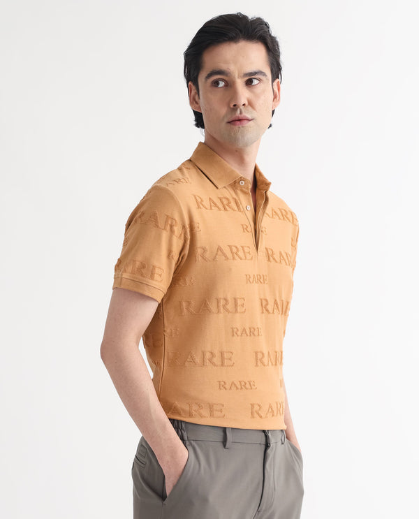 Rare Rabbit Men's Gesset-1 Mustard Cotton Fabric Collared Neck Half Sleeves Statement Polo T-Shirt