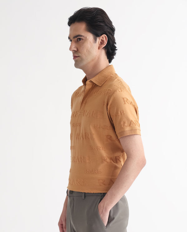 Rare Rabbit Men's Gesset-1 Mustard Cotton Fabric Collared Neck Half Sleeves Statement Polo T-Shirt