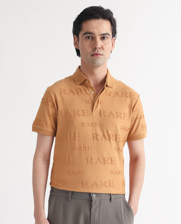 Rare Rabbit Men's Gesset-1 Mustard Cotton Fabric Collared Neck Half Sleeves Statement Polo T-Shirt