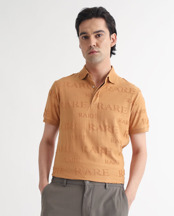 Rare Rabbit Men's Gesset-1 Mustard Cotton Fabric Collared Neck Half Sleeves Statement Polo T-Shirt