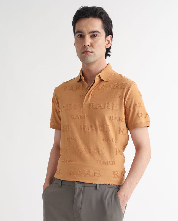 Rare Rabbit Men's Gesset-1 Mustard Cotton Fabric Collared Neck Half Sleeves Statement Polo T-Shirt