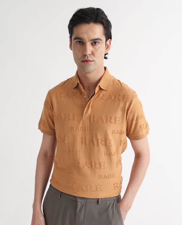 Rare Rabbit Men's Gesset-1 Mustard Cotton Fabric Collared Neck Half Sleeves Statement Polo T-Shirt