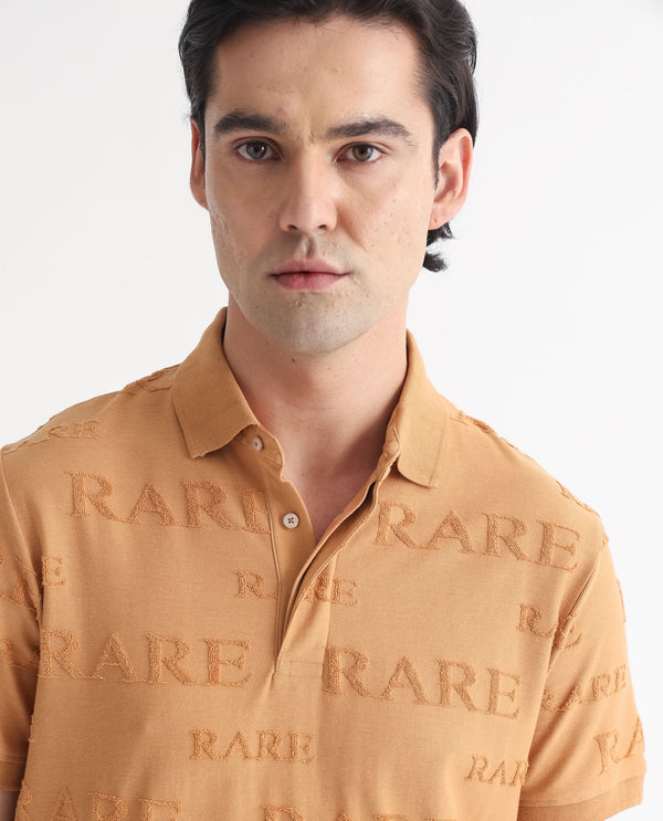 Rare Rabbit Men's Gesset-1 Mustard Cotton Fabric Collared Neck Half Sleeves Statement Polo T-Shirt