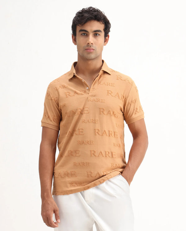 Rare Rabbit Men's Gesset-1 Mustard Cotton Fabric Collared Neck Half Sleeves Statement Polo T-Shirt