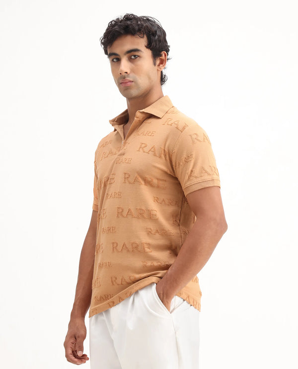 Rare Rabbit Men's Gesset-1 Mustard Cotton Fabric Collared Neck Half Sleeves Statement Polo T-Shirt