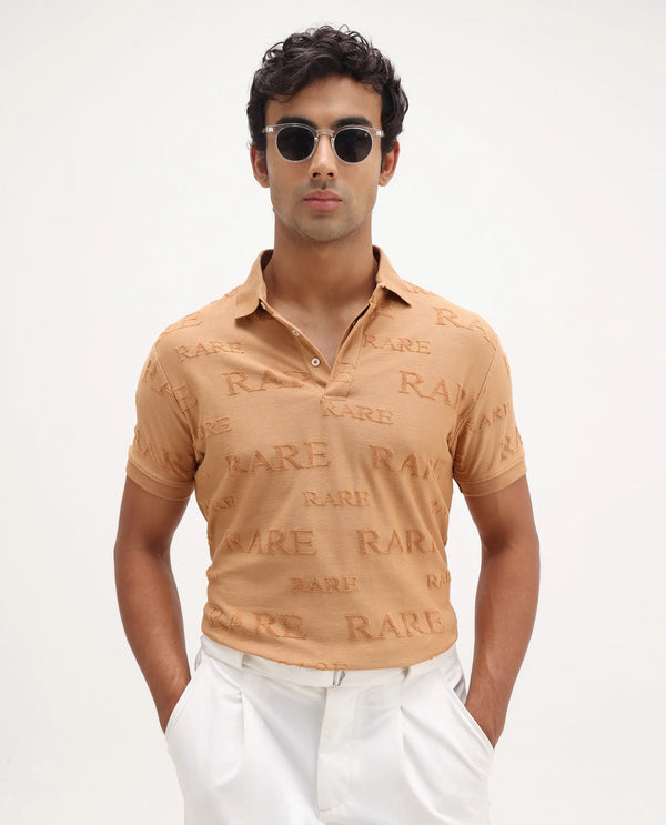 Rare Rabbit Men's Gesset-1 Mustard Cotton Fabric Collared Neck Half Sleeves Statement Polo T-Shirt