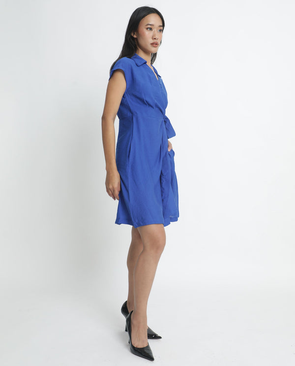 Rareism Women Gesto Blue Viscose Nylon Fabric Short Sleeves Tie-Up Closure Drop Collar Extended Sleeve Regular Fit Plain Short Dress